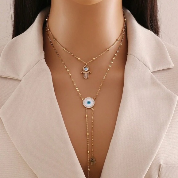 Gold Plated Stainless Steel Layered Evil Eye & Hamsa Necklace - Picture 1 of 2